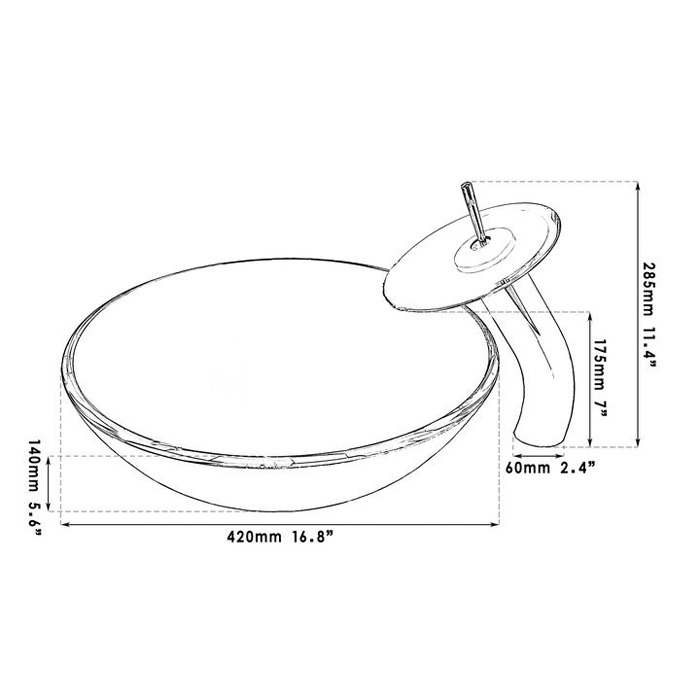 Lavabo en verre trempé rond avec robinet cascade égouttoir bague de montage